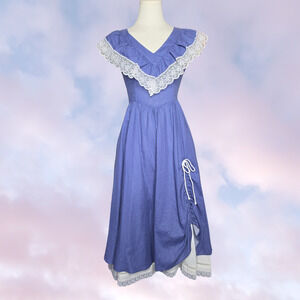 70s Vtg Gunne Sax Midi Prairie Cottage Blue White Cotton Ruching  Dress Sz 3